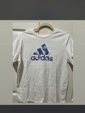 adidas White Tee with Pink and Blue Fade Logo